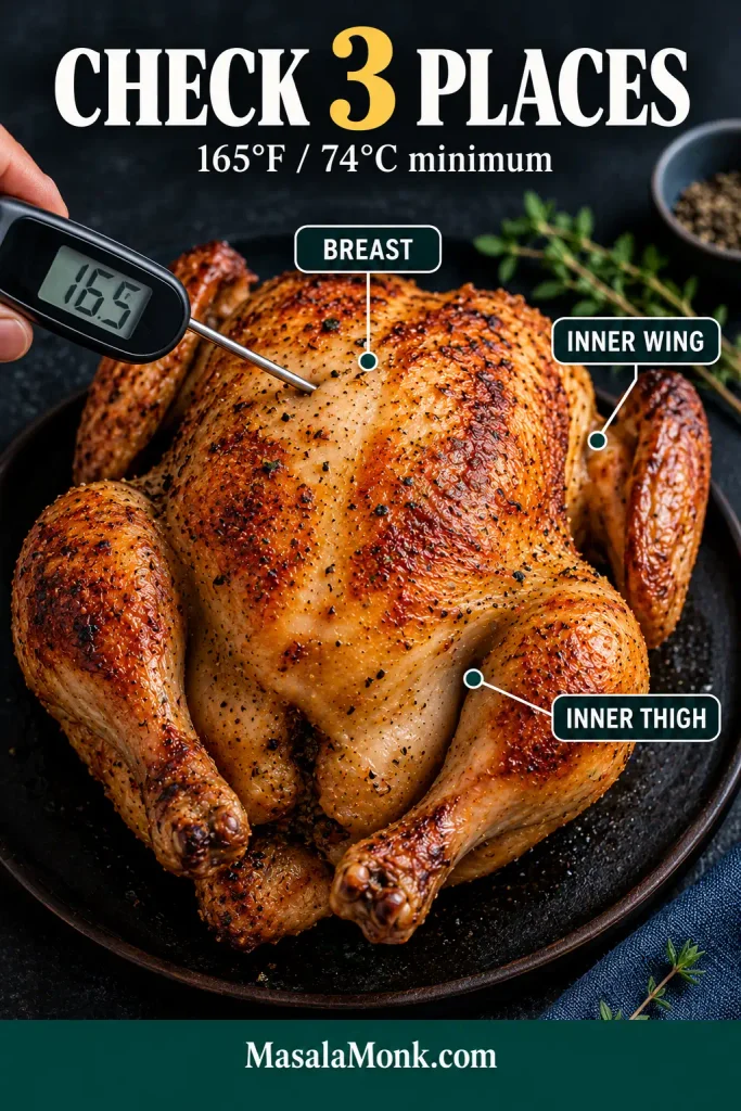 Cooked whole chicken marked with thermometer locations at the thickest breast, innermost thigh and innermost wing.