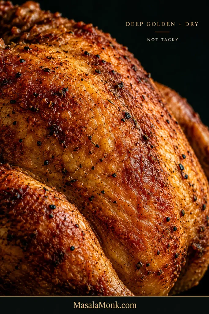 Extreme close-up of deep golden chicken skin with fine blistering, a taut surface and dry crisp-looking texture.