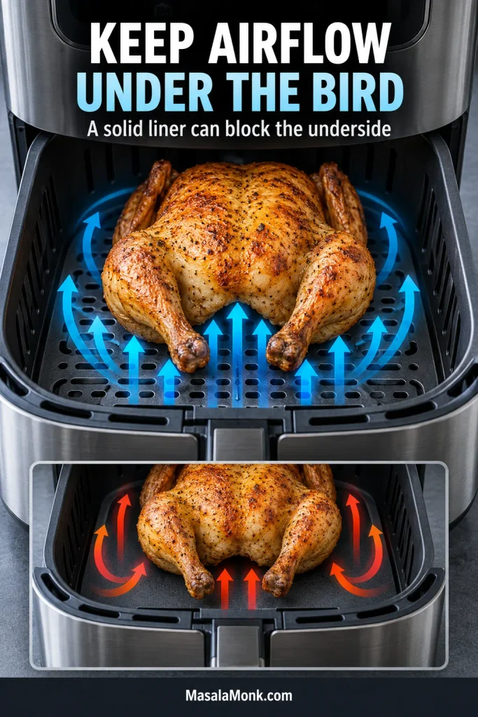 Air-fryer basket comparison showing airflow through a perforated crisper plate and restricted airflow beneath a solid liner.