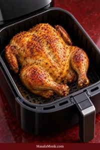 Whole roasted chicken with evenly deep golden-brown skin sitting in an open black air-fryer basket.