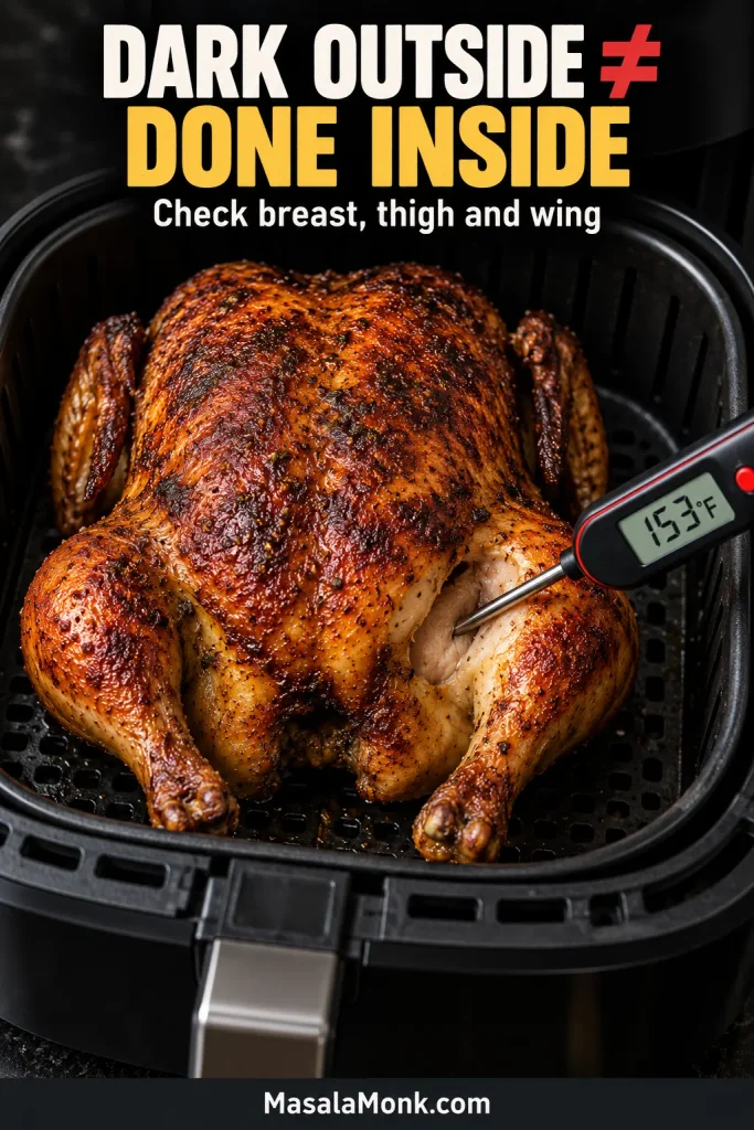 Deeply browned whole chicken with an instant-read thermometer in the inner thigh showing about 153°F.