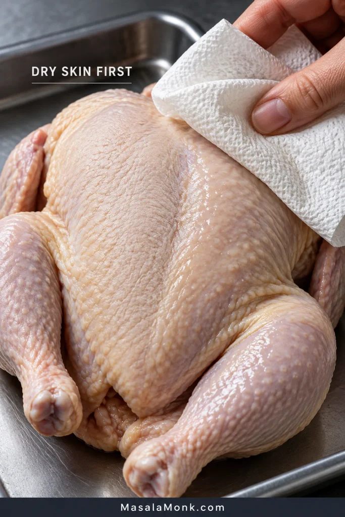 Raw whole chicken being thoroughly patted dry with paper towels, including the skin around the thighs and wings.