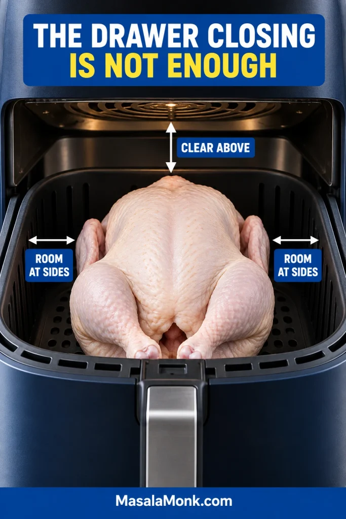 Raw whole chicken test-fitted in an air-fryer basket with visible clearance above the breast and around the sides.