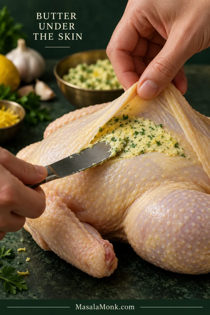 Raw chicken breast with the skin lifted while a thin layer of garlic-herb butter is spread directly over the meat.