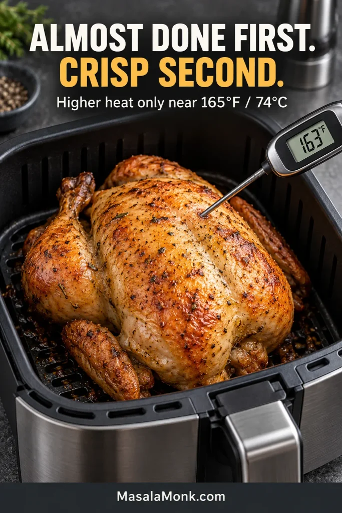 Nearly cooked whole chicken in an air fryer during a brief final high-heat crisping stage.