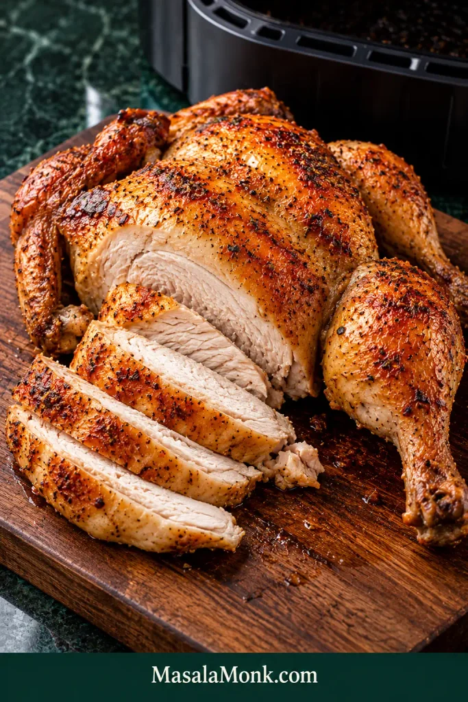 Partially carved roasted chicken showing crisp golden skin and moist slices of fully cooked white breast meat.