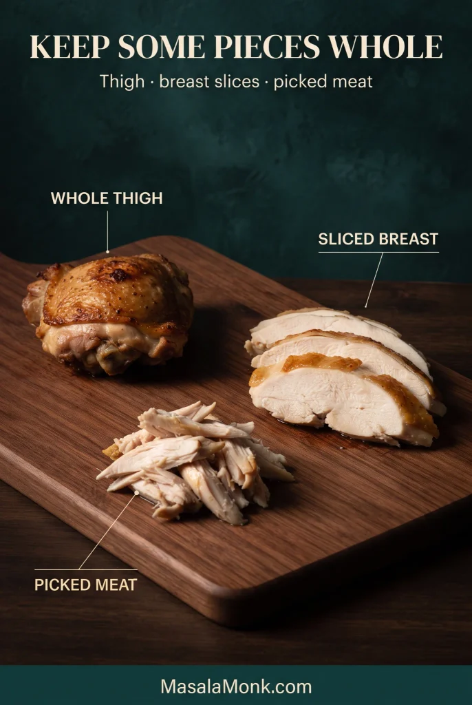Cooked chicken leftovers separated into one whole thigh, sliced breast and a smaller pile of picked meat on a wooden board.