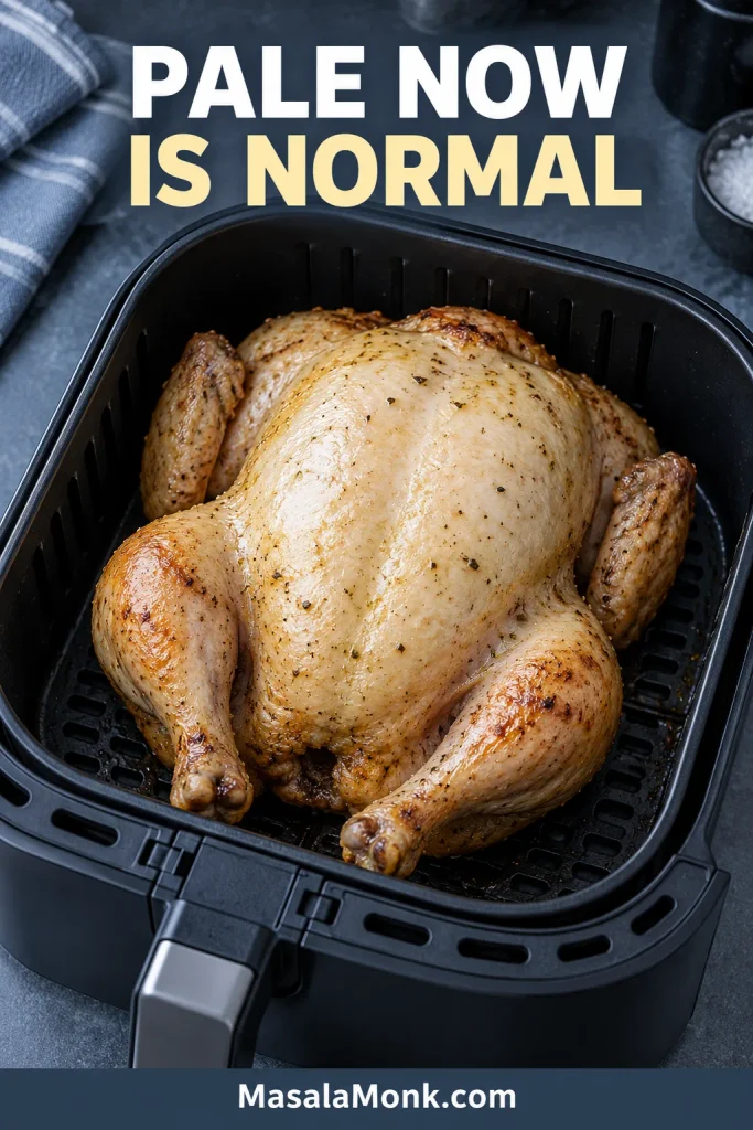 Whole chicken just after being flipped breast-side up, with pale golden breast skin that has not yet fully browned.