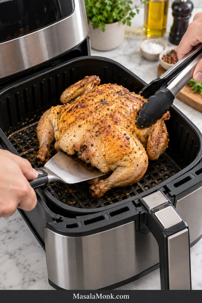Hot whole chicken being flipped in an air fryer with a wide spatula underneath and tongs guiding it from the side.