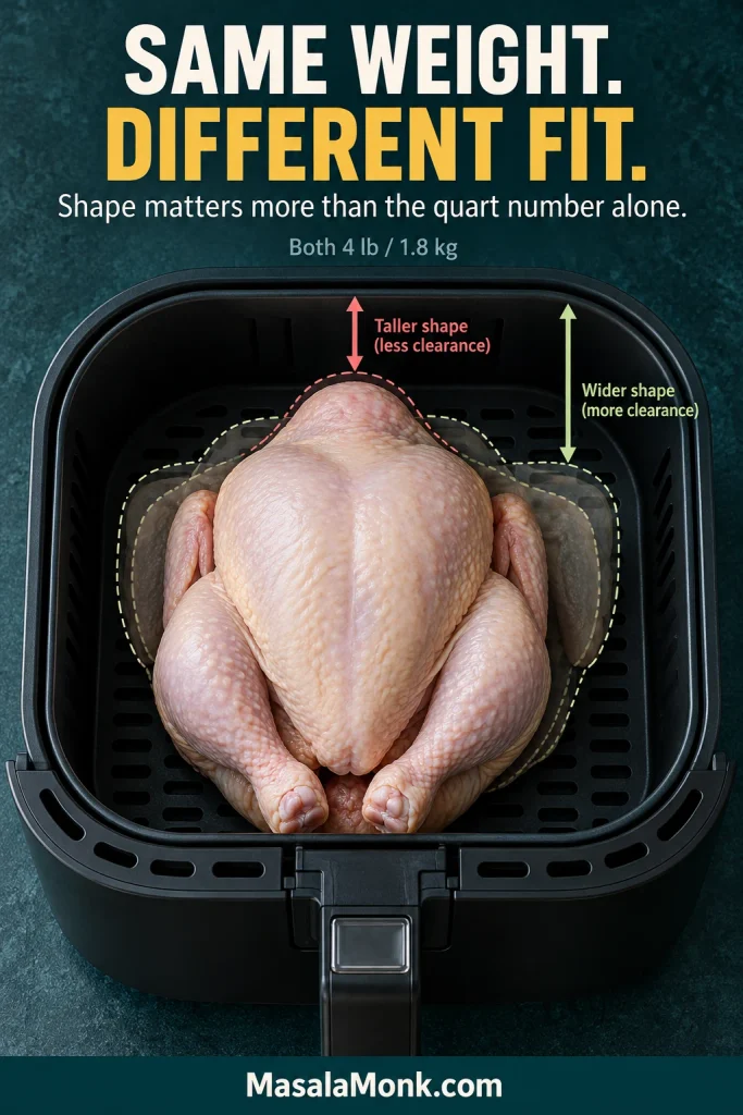 Two similarly weighted whole chickens with different breast heights and body shapes shown for air-fryer fit comparison.
