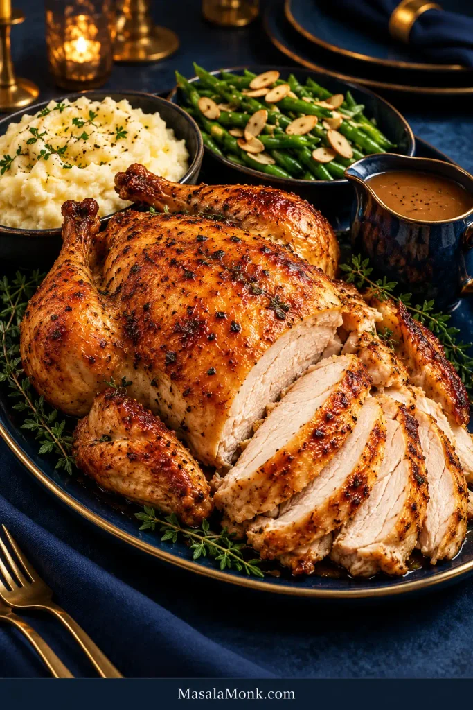 Partially carved roasted chicken served with mashed potatoes, green beans almondine and gravy kept beside the chicken.