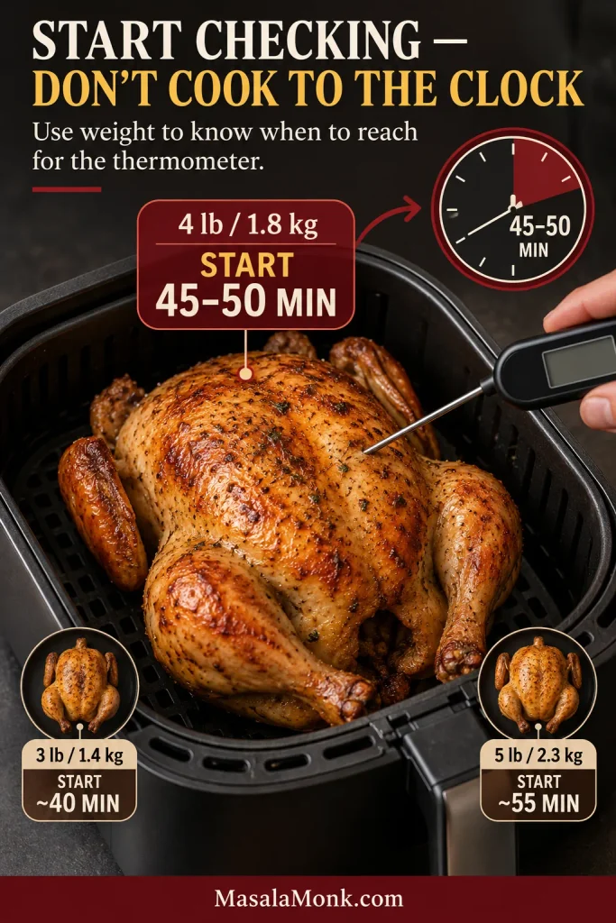 Whole-chicken air-fryer timing guide showing different chicken weights and when to begin checking internal temperature.