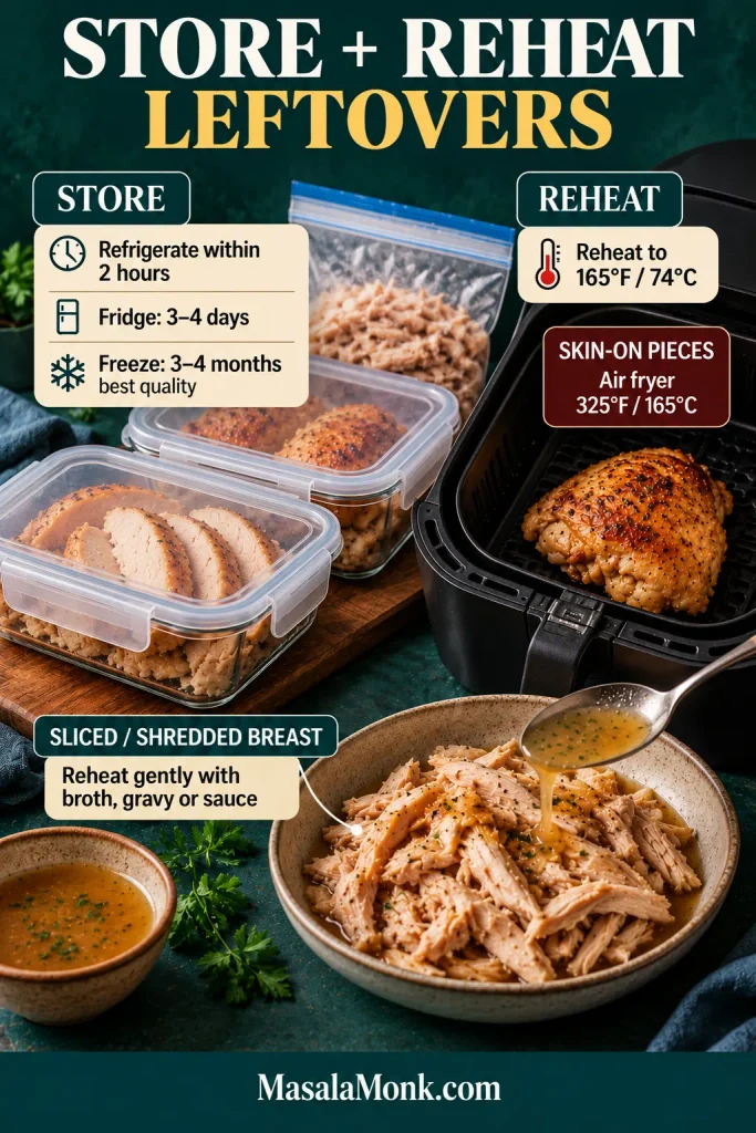 Leftover chicken storage and reheating guide with covered containers, freezer storage, a skin-on thigh in an air fryer and shredded breast with broth.