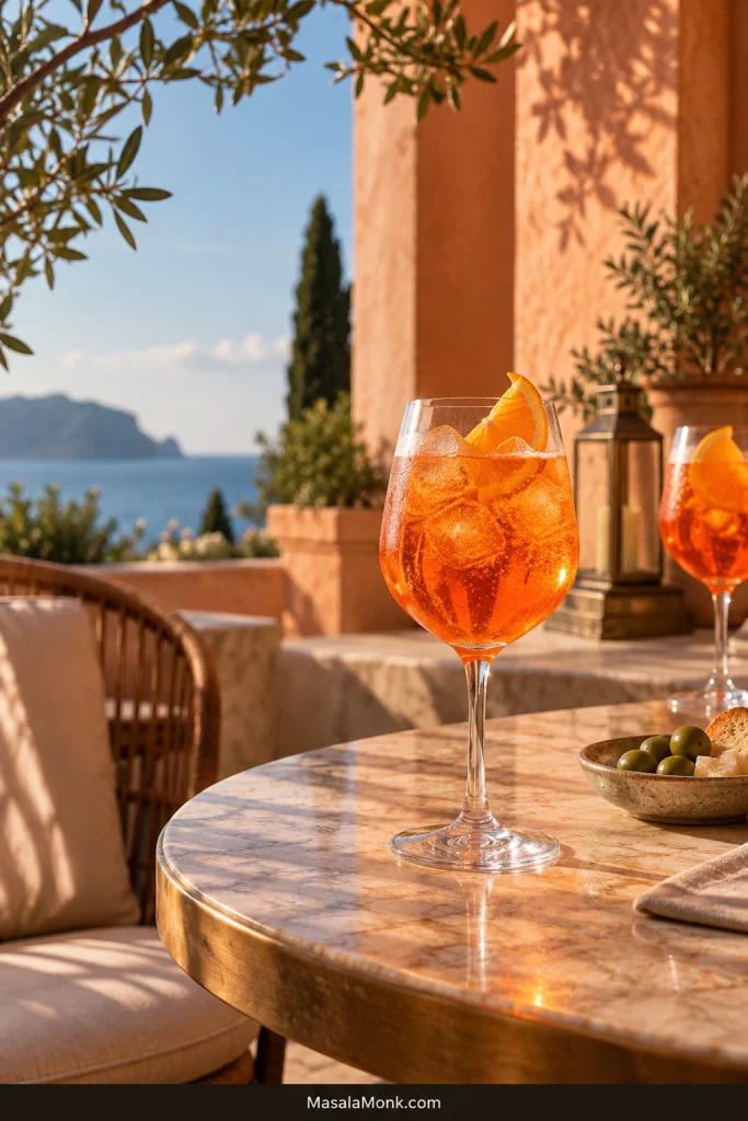 Aperol Spritz on a sunlit terrace table with a second glass behind it, a small dish of olives and cheese, peach-colored walls and olive branches in late-afternoon light.