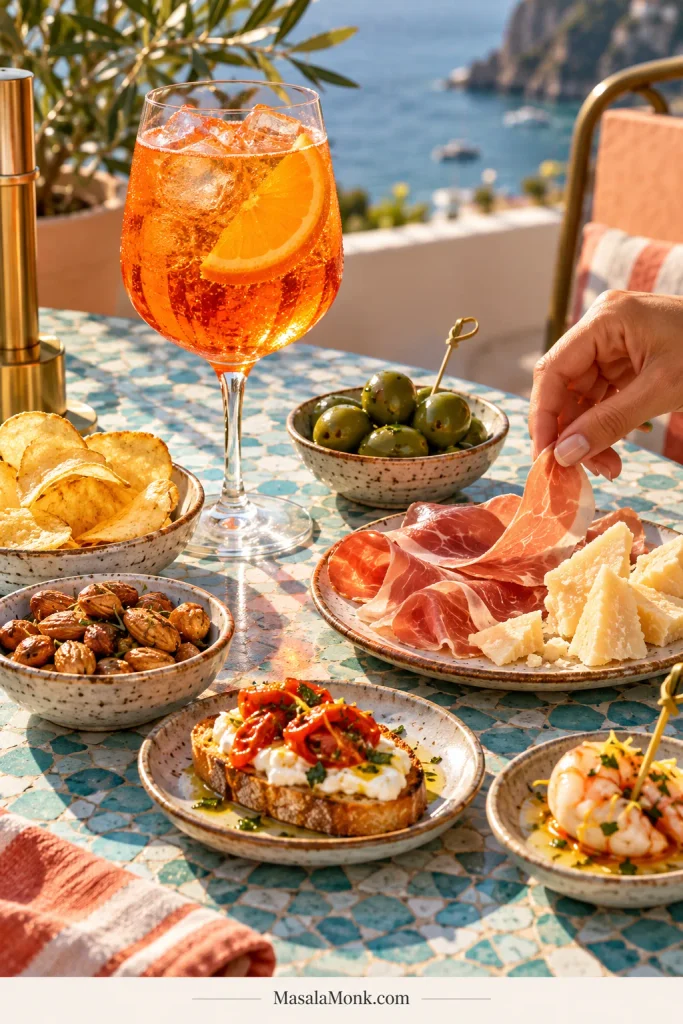 Aperol Spritz on a mosaic table with Parmesan, prosciutto, green olives, potato chips, seasoned nuts, crostini and a small seafood bite as a hand reaches for prosciutto.