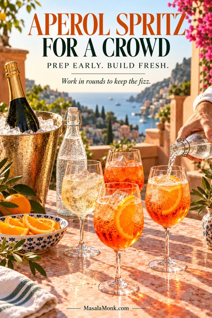 Several Aperol Spritz glasses being prepared on a terrace, with clear soda poured into one finished orange drink, sparkling wine chilled in an ice bucket and orange slices ready nearby.