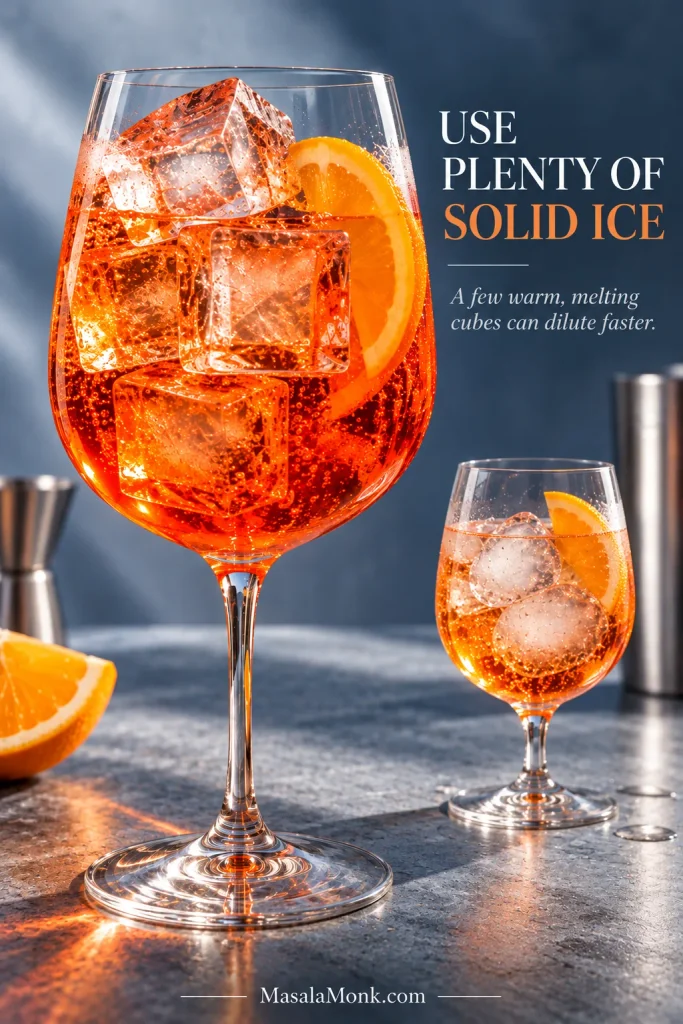 Large Aperol Spritz packed with angular solid ice beside a smaller, paler Spritz containing only a few rounded melting cubes.