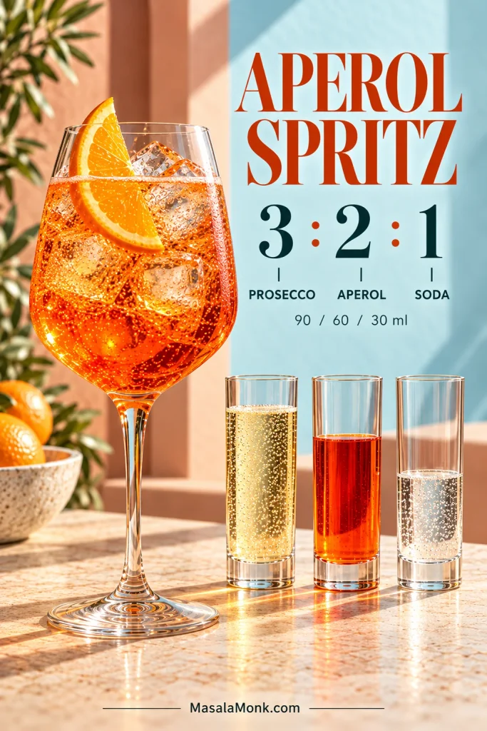 Aperol Spritz beside three identical measuring glasses showing 3 parts Prosecco, 2 parts Aperol and 1 part soda, with 90, 60 and 30 ml labeled above them.