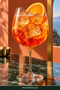Aperol Spritz in a large stemmed wine glass with vivid orange liquid, large ice cubes, rising bubbles and an orange slice above the ice on dark green marble.