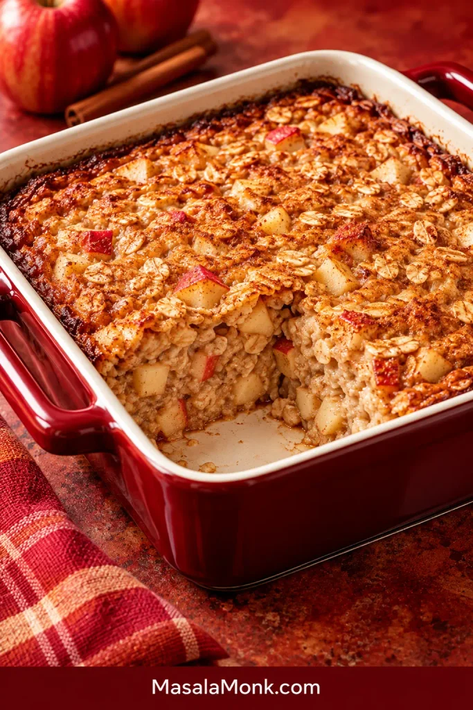 Apple-cinnamon baked oatmeal with small softened apple pieces baked throughout the golden rolled-oat mixture.