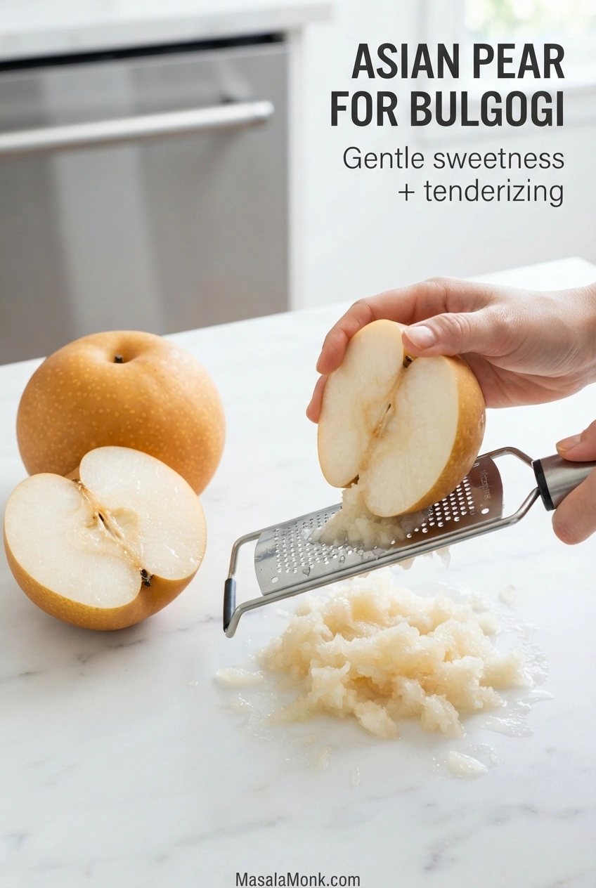 Whole and halved round Asian pears beside a metal grater and a mound of finely grated, juicy pale pear.