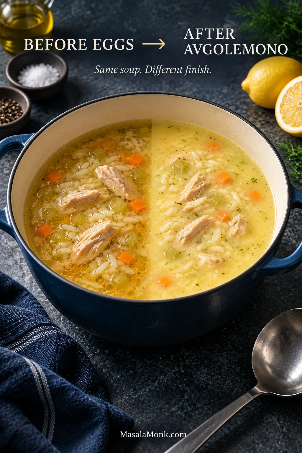 The same chicken-and-rice soup shown before and after the egg-lemon finish, changing from clear golden broth to an evenly pale and more opaque Avgolemono broth.