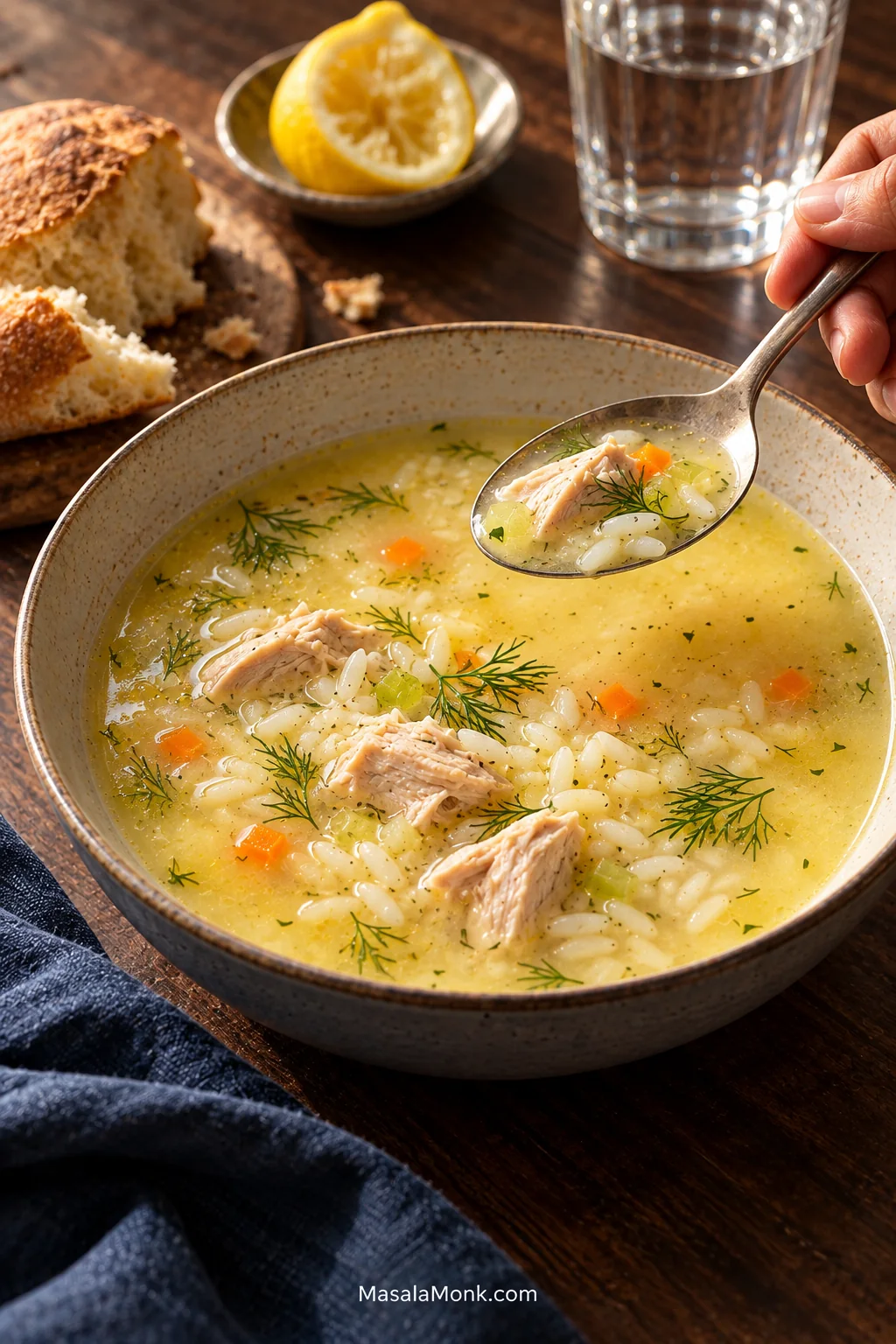 Hand lifting a spoonful of Avgolemono with chicken and rice from a bowl at the table, with rustic bread, lemon and a drink arranged nearby.