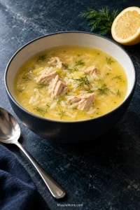 Bowl of pale lemon-gold Avgolemono soup with tender chicken, medium-grain rice, finely diced vegetables and a small amount of fresh dill, with visible broth between the solids.