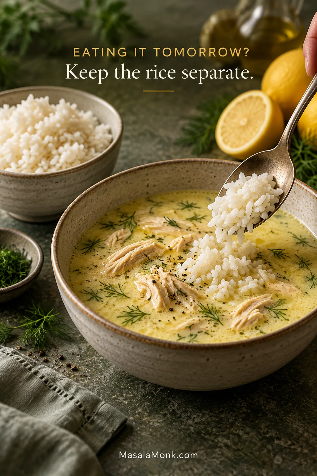 Cooked white rice being spooned from a separate bowl into a serving of Avgolemono, illustrating keeping the rice apart until serving leftovers.