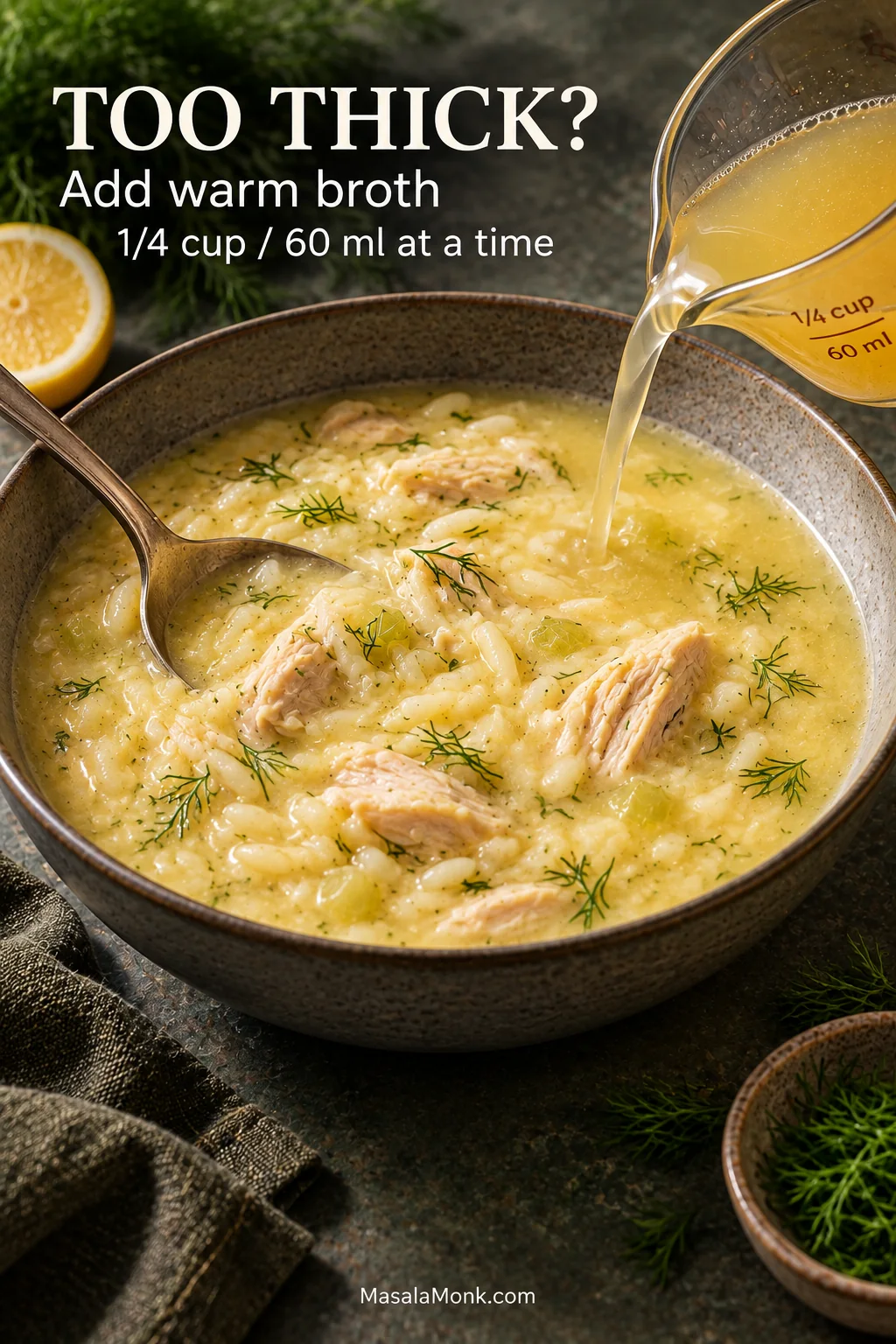 Warm golden chicken broth being poured into overly thick Avgolemono while a spoon stirs the soup to loosen its consistency.