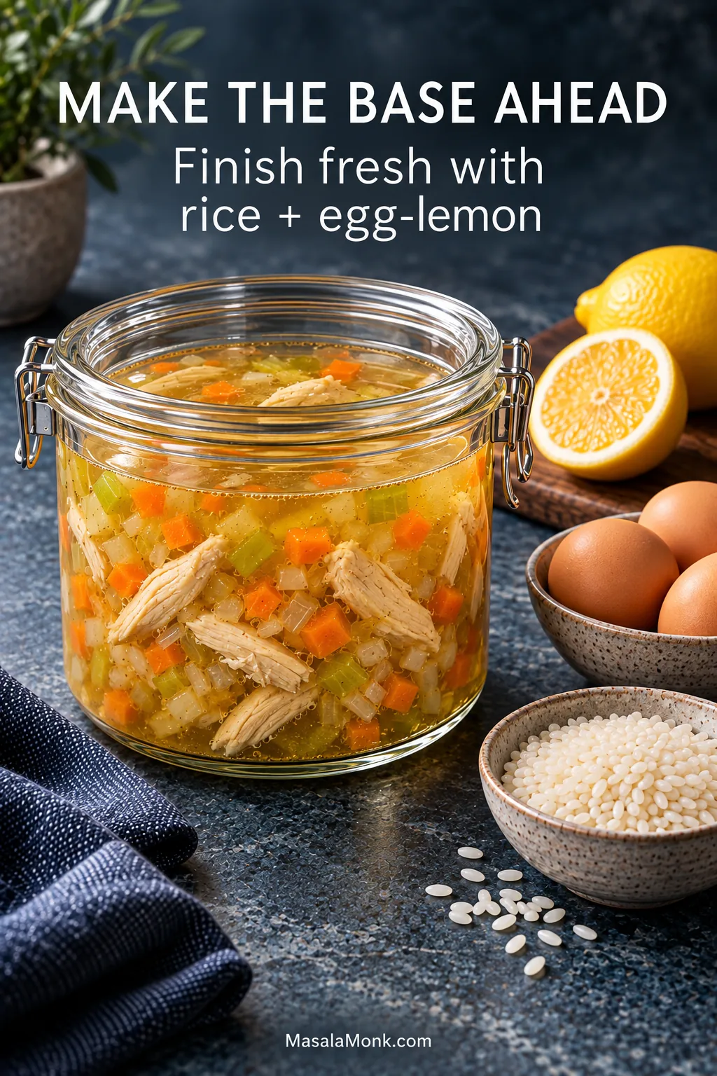 Glass container holding golden chicken broth with chicken and finely diced vegetables, while dry rice, eggs and fresh lemons remain separate for finishing the soup later.