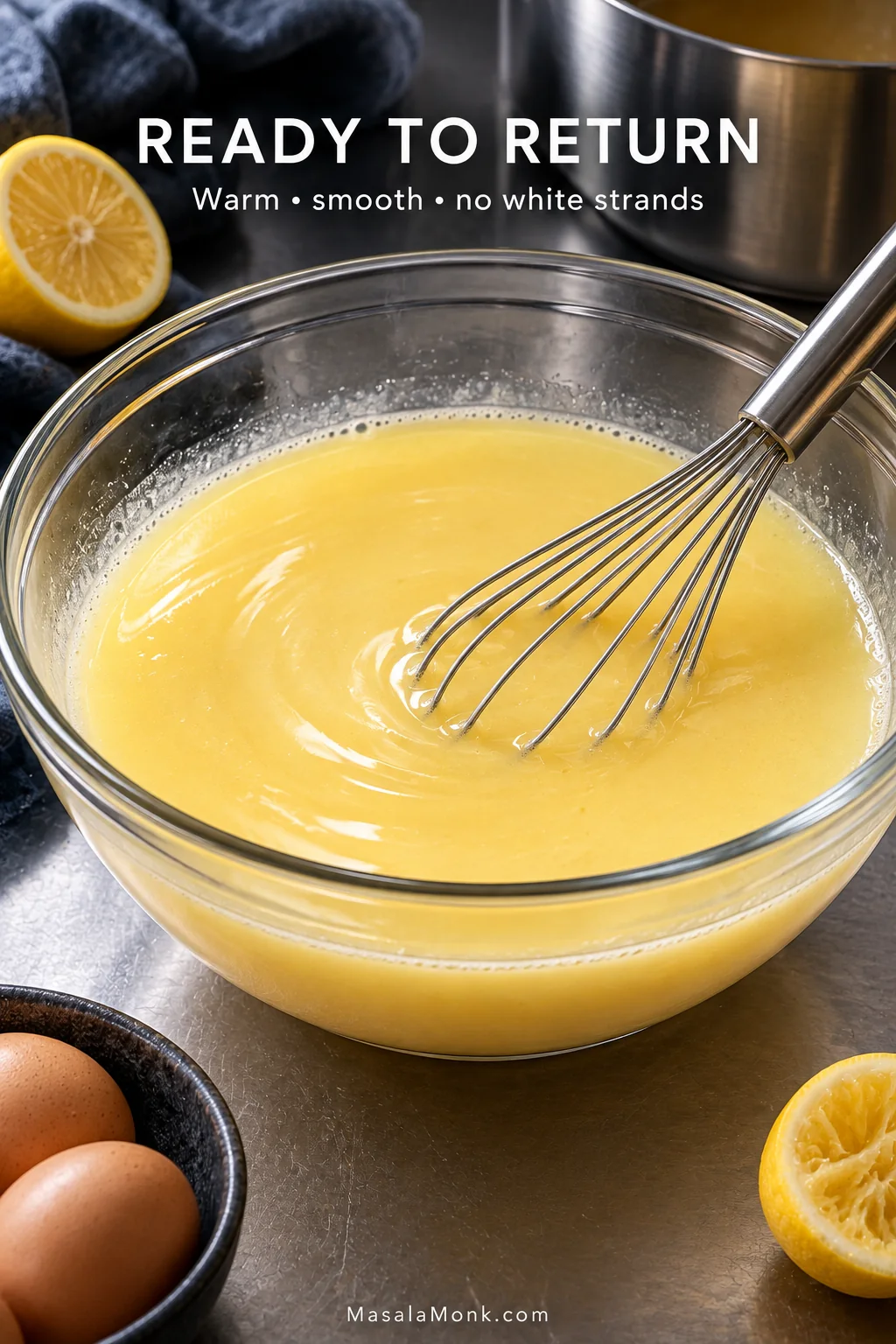 Smooth pale-yellow tempered mixture of eggs, lemon and hot broth in a clear bowl, with a whisk resting in the fluid mixture and no cooked egg strands visible.