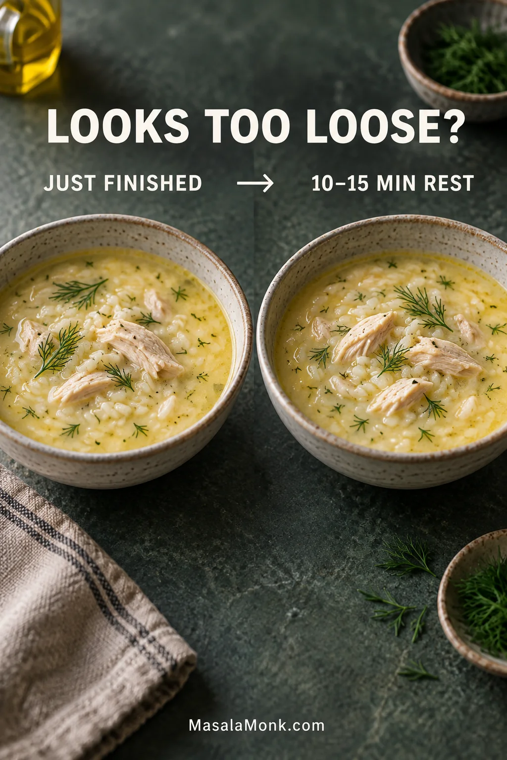 Two matched bowls of Avgolemono showing a looser freshly finished soup and a somewhat fuller texture after resting for 10 to 15 minutes.