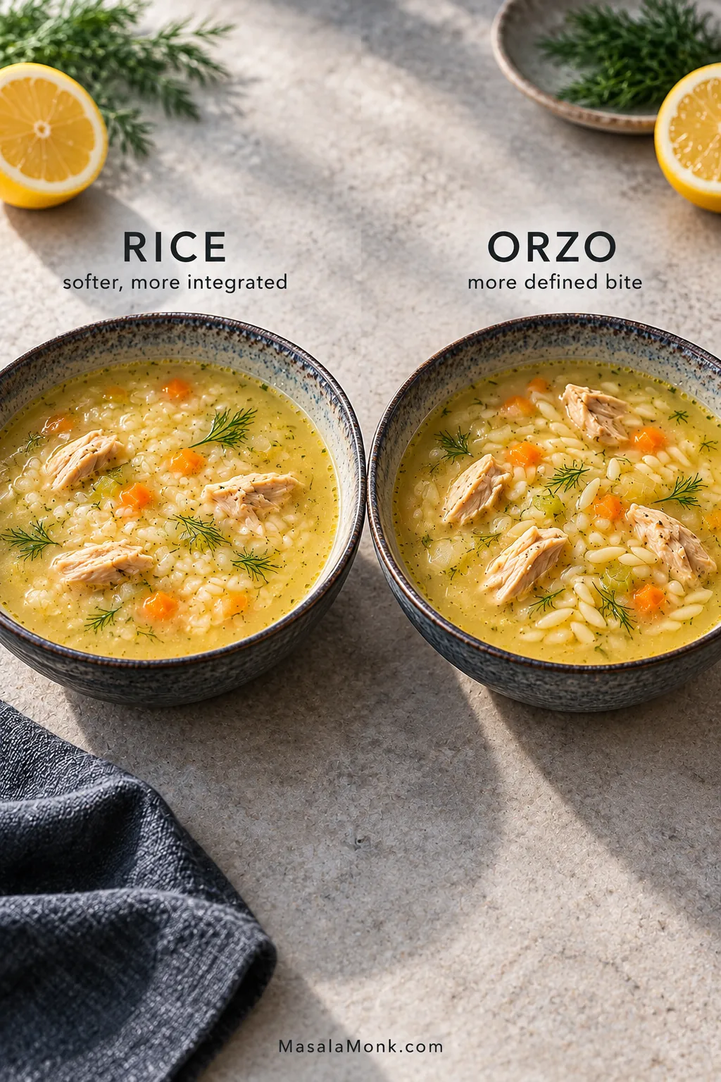 Two bowls of Avgolemono side by side, one made with white rice and one with orzo pasta, showing the visibly different shape and texture of the two starches.