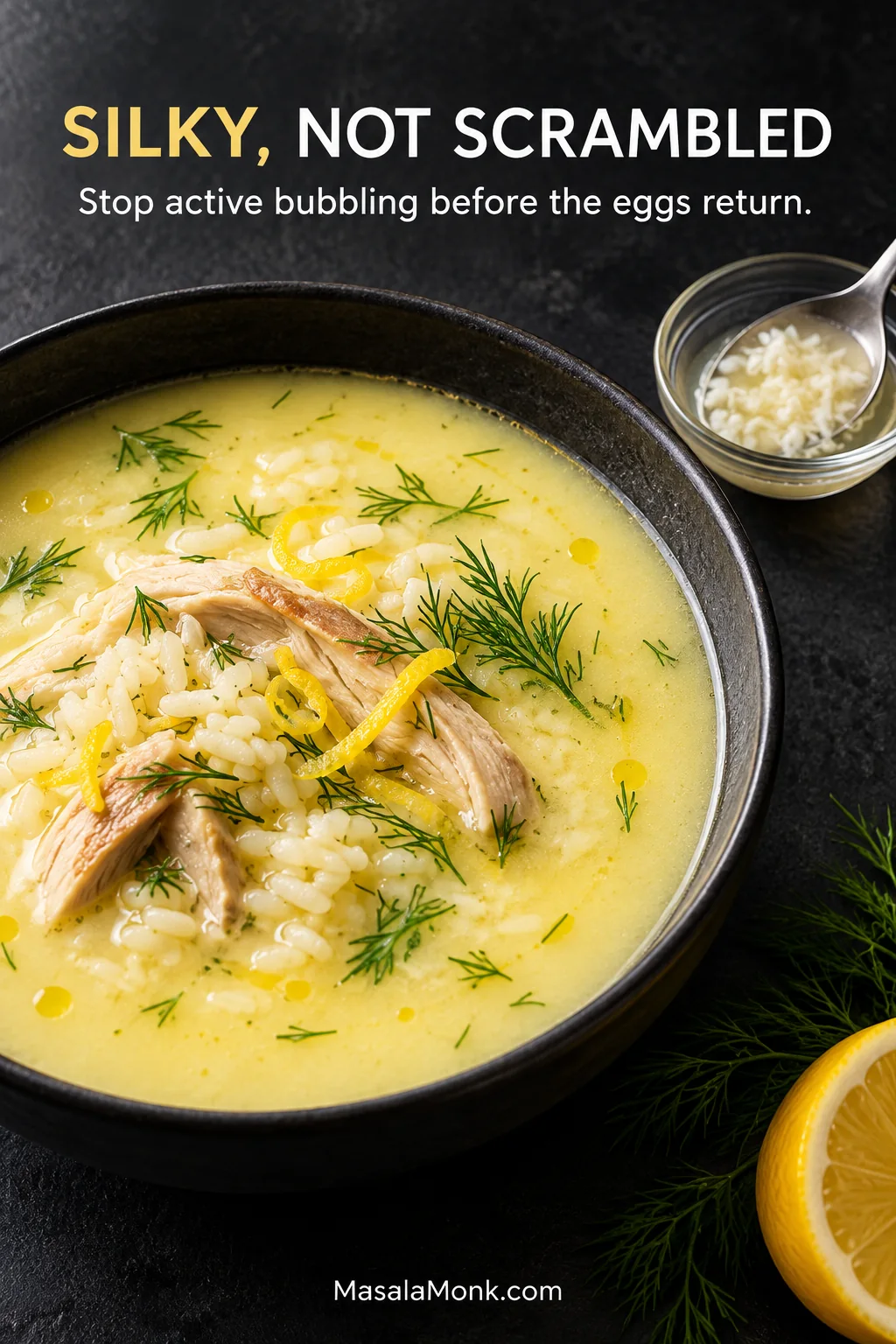 Smooth finished Avgolemono beside a small sample containing irregular white cooked egg strands, demonstrating the visual difference between an even broth and curdled egg.