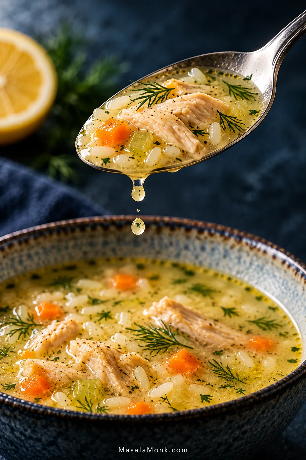 Close-up of a spoon holding Avgolemono with chicken and rice as a few separate drops of pale broth fall back toward the bowl.