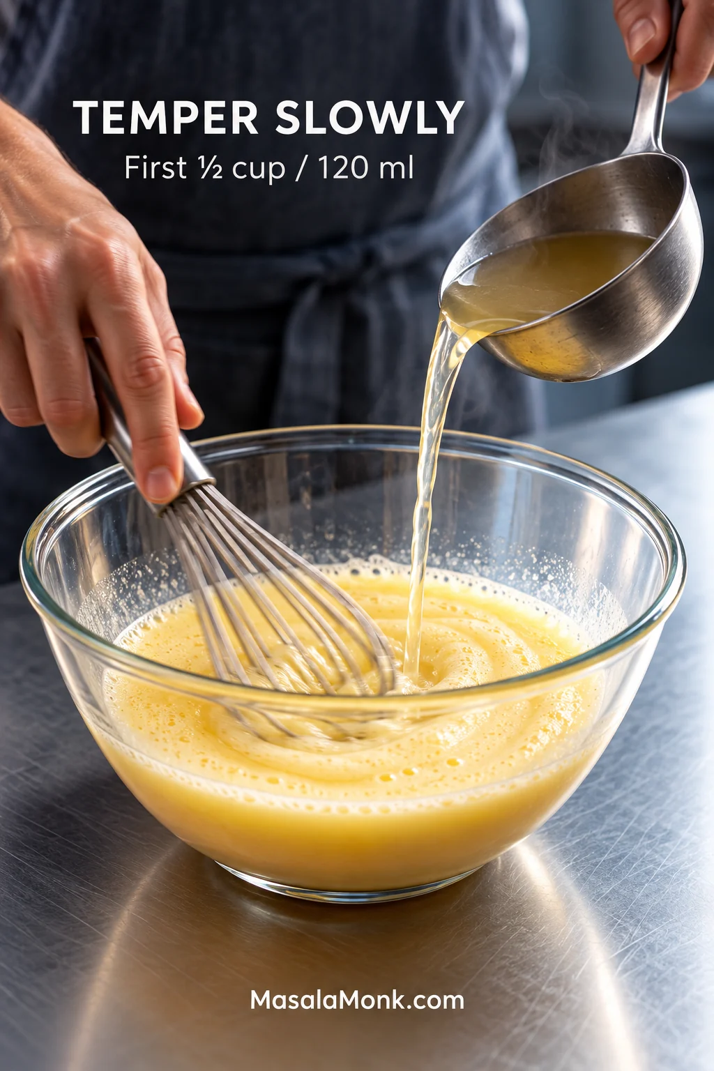 Hot chicken broth being poured in a thin stream into eggs and lemon while the mixture is whisked continuously in a heatproof bowl.