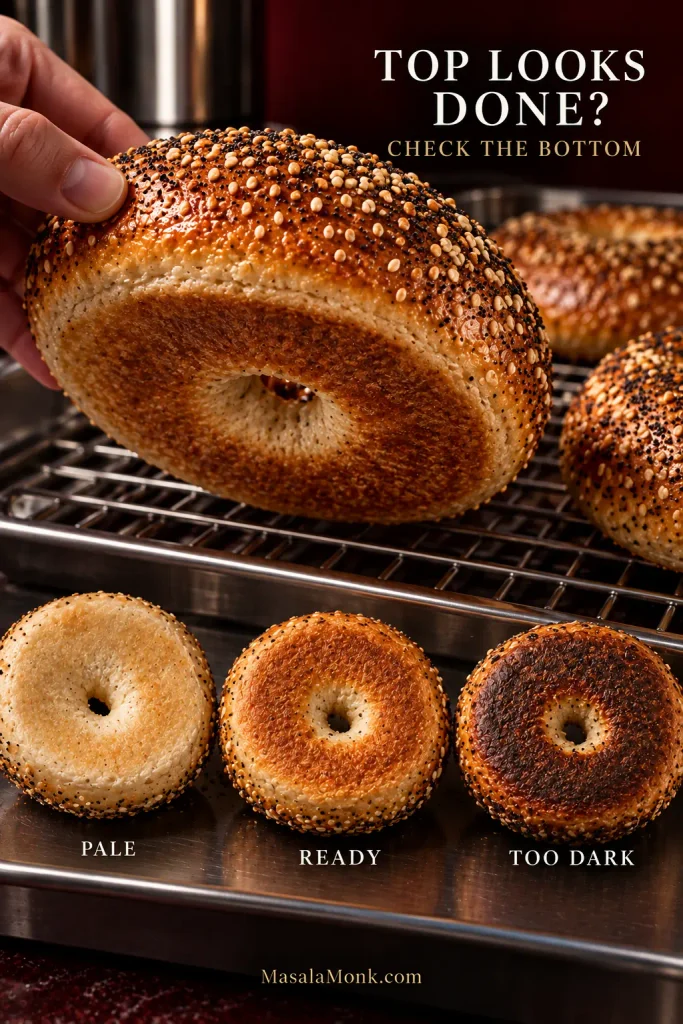 Hand lifting a baked everything bagel to reveal its browned underside, with examples of pale, properly browned and overly dark bagel bottoms.