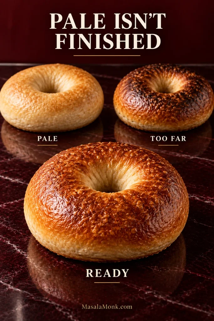 Three plain baked bagels comparing pale, properly browned and overly dark crusts, with the correctly browned bagel shown largest.