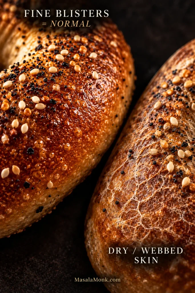 Macro comparison of a glossy browned bagel crust with small fine blisters beside a dry bagel surface covered in pale web-like cracks.