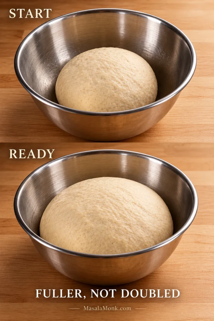 Bagel dough in the same bowl before and after its first rise, showing moderate expansion rather than doubling.