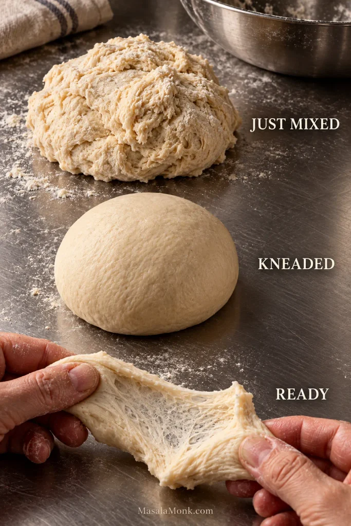 Three stages of plain bagel dough showing rough just-mixed dough, smooth kneaded dough and a stretched piece of developed dough.