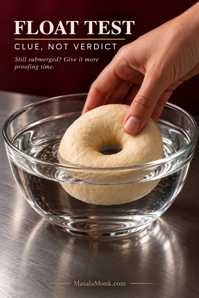 Hand lowering an unbaked bagel ring into a clear bowl of cool water on a stainless-steel counter for a float test.