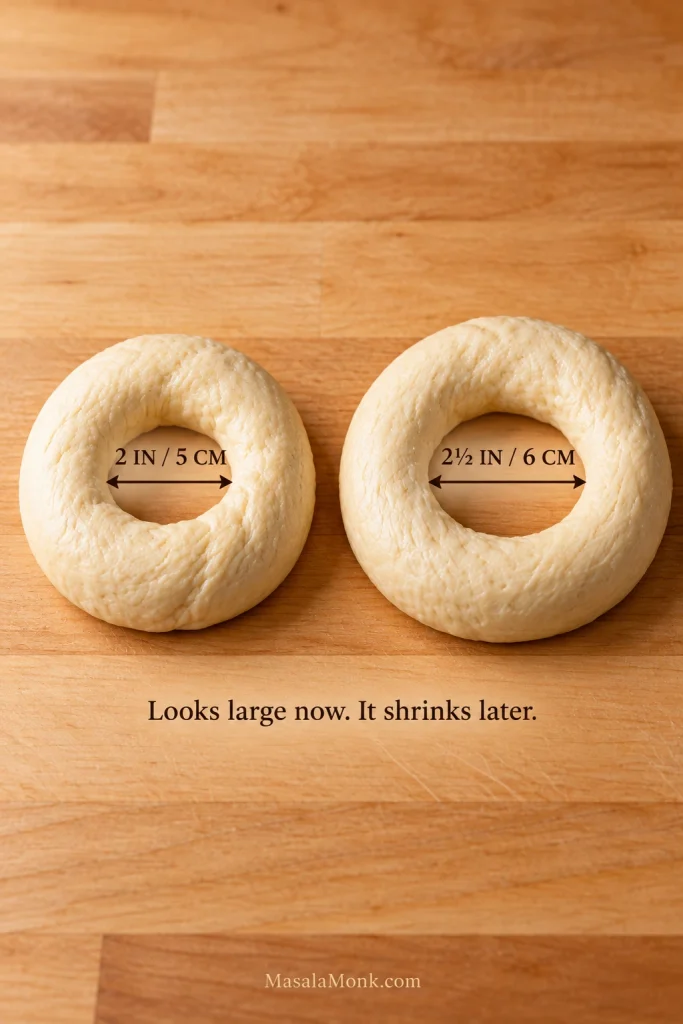 Two unbaked bagel rings comparing center holes measuring about 2 inches or 5 centimeters and 2.5 inches or 6 centimeters.
