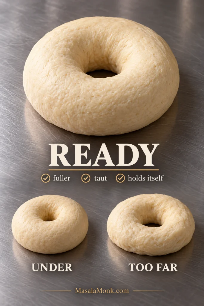Three unbaked bagel rings comparing underproofed, properly proofed and overproofed dough, with the ready ring larger and taut.