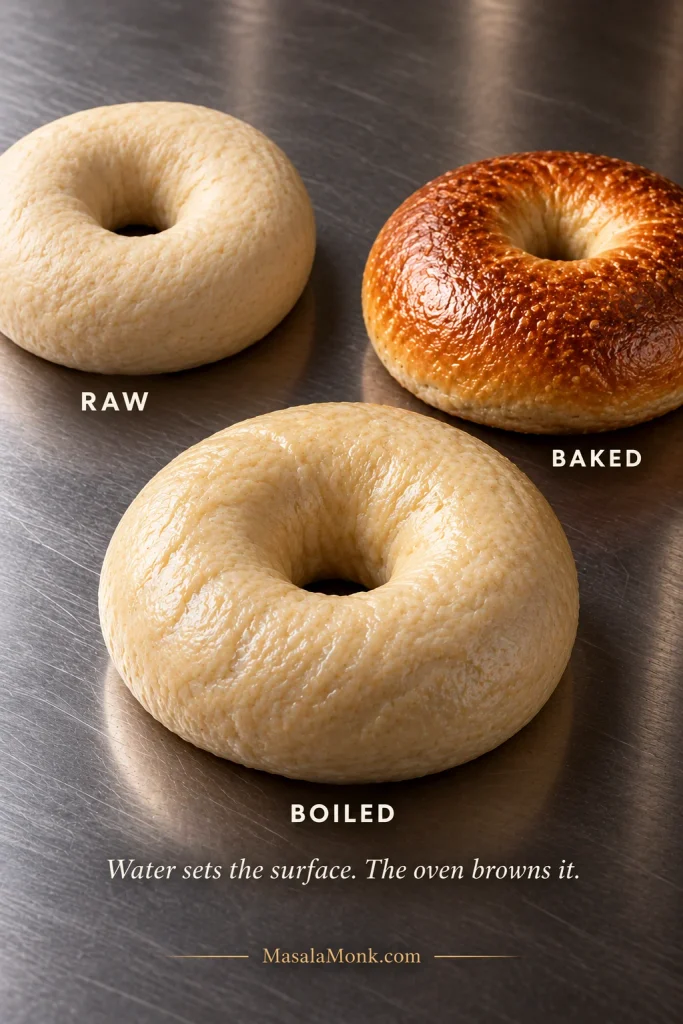 Three plain bagels showing raw matte dough, a pale wet boiled bagel and a deeply browned baked bagel on a stainless-steel surface.