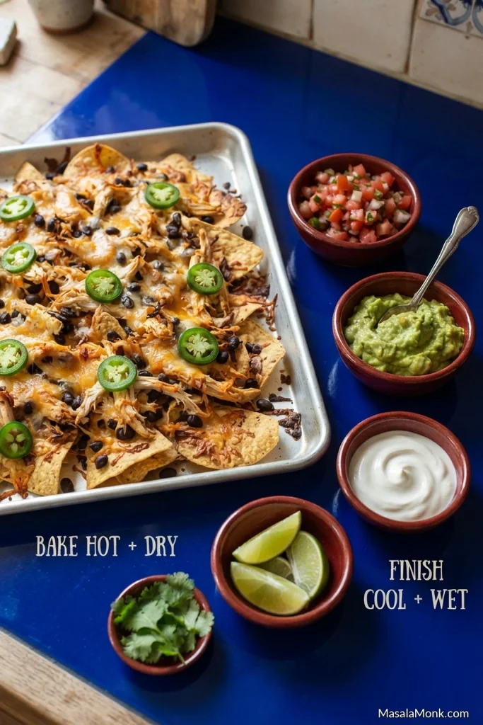 Baked chicken nachos on a sheet pan with pico de gallo, avocado, crema and lime kept separately beside the tray for adding after baking.