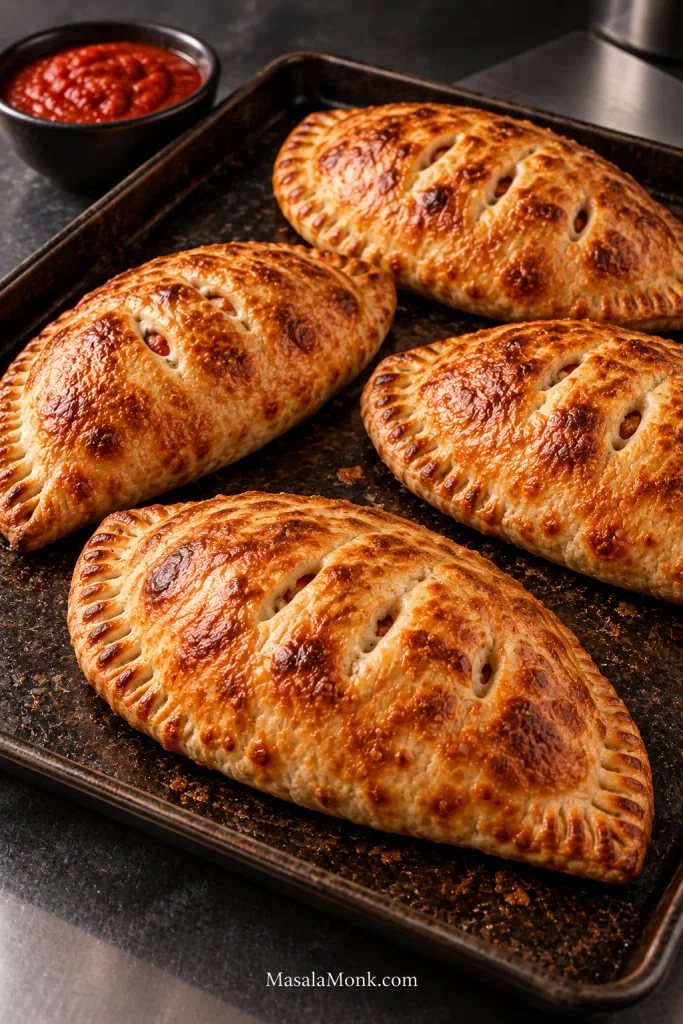 Four intact golden-brown calzones spaced across a dark baking sheet, each with fork-crimped edges and short vents cut into the top.