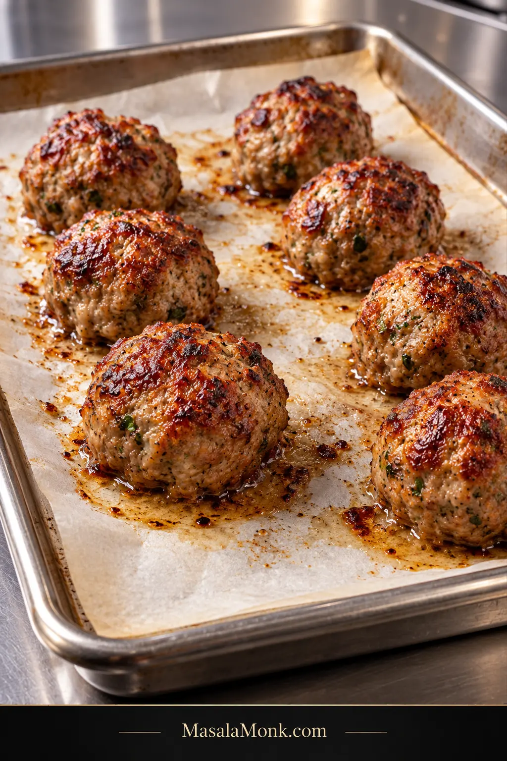 Unsauced baked beef meatballs spaced apart on parchment paper in a rimmed metal baking sheet, showing varied golden-brown surfaces and small rendered-juice marks.