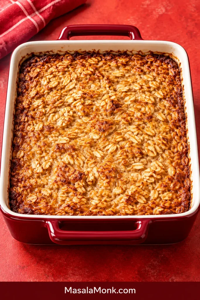 Freshly baked plain oatmeal in a square red baking dish, showing a lightly golden surface, visible rolled oats and set edges.